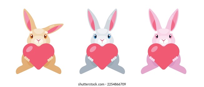 Three Сute Bunnies with Hearts Vector lovely illustration in pink red blue and orange colors for stickers and postcards