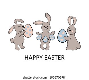 Three bunnies, rabbits with eggs on white background. Happy Easter. Vector illustration.