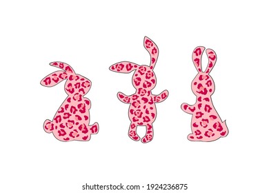 Three bunnies, rabbits silhouette with leopard print. Vector illustration.