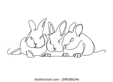 Three bunnies taking cute poses line art with black on line and white background