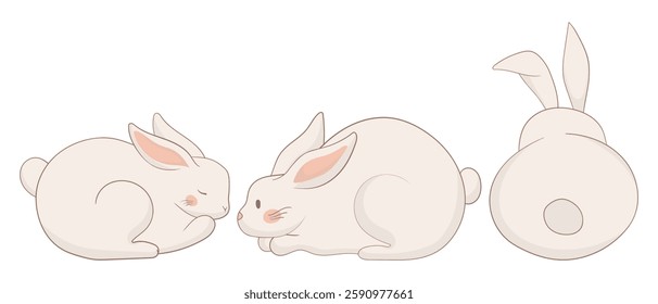 Three bunny icon set. One rabbit is sleeping, another lies awake, and the third is shown from behind. A soft and harmonious animal illustration symbolizing stillness and warmth