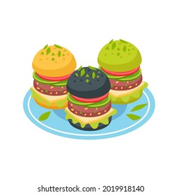 Three burgers on plate. Fast food vector illustration 