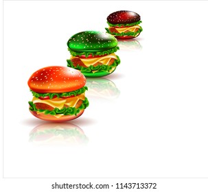 Three burgers on a white background.A realistic image of a burger with cheese, tomato, lettuce, meat and sesame seeds.Logo, emblem, sticker for companies selling fast food, hamburgers.