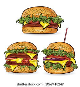 Three burgers in the sketch style on the white background. Vector illustration.