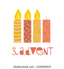 Three burning advent candles vector illustration. Third sunday in advent. 3. Advent german text. Flat Holiday design with candles on white background. For greeting Holiday card, poster, Christmas