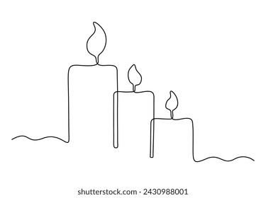 Three burning candles continuous single line drawing. Candle icon. Vector illustration. Pro vector