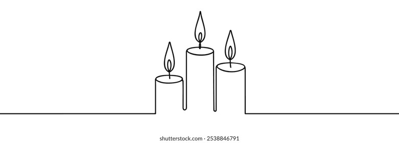 Three burning candles continuous single line drawing. Candle icon. Vector illustration.