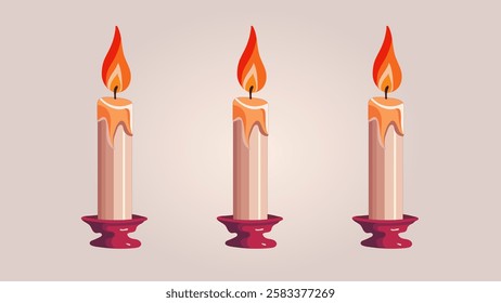 Three Burning Candles Three elegant, cream-colored candles, each with a warm, flickering flame, stand on individual maroon candle holders.  The image is simple yet evocative.