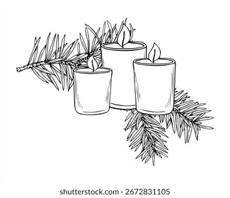 Tres velas encendidas en tarros de vidrio con rama de pino Ilustración vectorial monocromática pintada con tintas negras. Composición de Navidades para el diseño de vacaciones, decoración festiva, spa y carteles de bienestar.