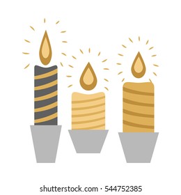 Three burning candles isolated in deep silver racks on white in flat design. Vector illustration of black and yellow Christmas wax decorations with flame and colourful stripes in cartoon style.