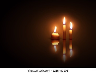 Three burning candles on a dark  background with reflection effect . Highly realistic illustration.