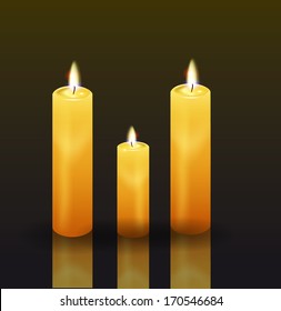 three burning candles on the dark background. The mystery, religion, spirituality, romance concept illustration. Vector eps 10