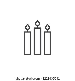 Three burning candles outline icon. linear style sign for mobile concept and web design. Candlelight line vector icon. Symbol, logo illustration. Pixel perfect vector graphics