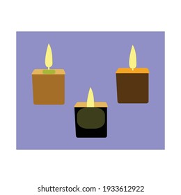 three burning candles with a purple backdrop