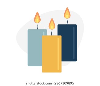 Three Burning Candles stand nearby. Multi-colored tall wax candles. Fire and flame. Cozy interior item. Romance. Color image - yellow, blue. Flat design. Isolated objects. Vector illustration.