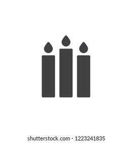 Three burning candles vector icon. filled flat sign for mobile concept and web design. Candlelight solid icon. Symbol, logo illustration. Pixel perfect vector graphics