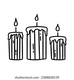 Three burning candles. Wax or paraffin. Black and white vector isolated illustration hand drawn doodle. Home decoration element, holiday party, Christmas or aromatherapy.
