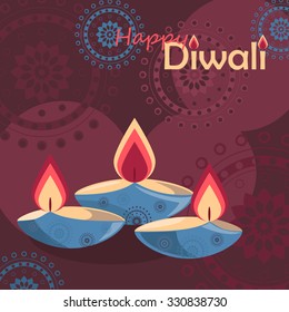 Three burning diya, candles on Diwali Holiday background. Vector illustration in eps8 format.