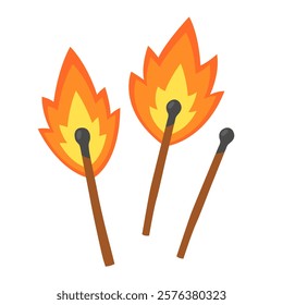 Three burning matches. Matches with fire. Cute illustration on a white background.