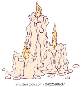 Three burning melted candles with flowing wax. Candle stub close up design element. Vector color illustrations in cartoon hand drawn style isolated on white