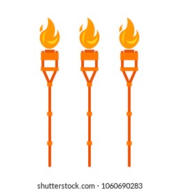 Three burning tiki torches. Vector image isolated on white background