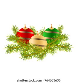 Three burning wax candles ball, multi-colored red, green, yellow. Candle decor with ribbon. Christmas composition with a spruce branch. Element of decor. Isolated. White background