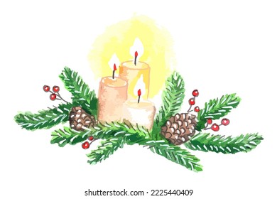 Three burning wax candles decorated with spruce branch and fir cone. Christmas decorative composition. Watercolor vector illustration isolated on white background