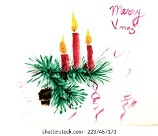 Three burning wax candles decorated with spruce branch and fir cone. Christmas decorative composition. Watercolor vector illustration isolated on white background. the inscription Merry xmas.