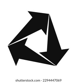 Three bursting arrows, recycle silhouette icon. A symbol made from black arrow shapes. Isolated on a white background.