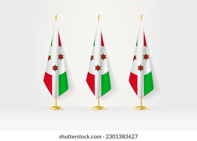 Three Burundi flags in a row on a golden stand, illustration of press conference and other meetings. Vector illustration.