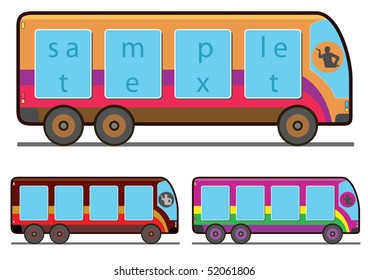 Three buses of different color with a place for the text