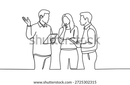 Three business colleagues discuss project with tablets continuous line drawing illustration on plain clean surface