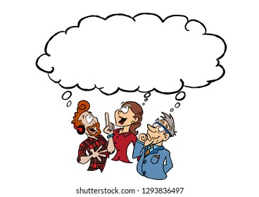 Three business colleagues thinking together and with an empty thought cloud for you to put your content. 