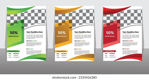 Three business flyer design layout template A4, vector design for Magazine, Poster, Corporate Presentation, layout modern in Yellow, Red and Green. Graphic document use as company leaflet.