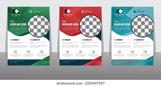Three business flyer design layout template A4, vector design for Magazine, Poster, Corporate Presentation, layout modern in Green, Red and Blue. Graphic document use as company leaflet. 