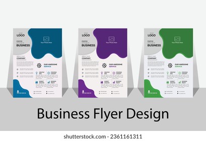 Tres plantillas de diseño de volante de negocios A4. Plantillas de diapositivas de presentación abstracta azul y verde. Las plantillas de volante únicas están establecidas en 3 colores de diseño azul violeta verde.