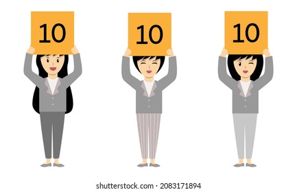 Three business girls showing sign of 10 points. showing satisfaction score or evaluation score concept cartoon vector.