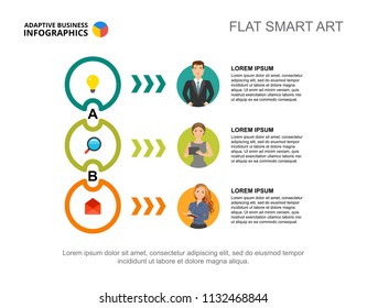 Three business ideas process chart template. Business data. Abstract elements of diagram, graphic. Partnership, startup, marketing, teamwork creative concept for infographic, project layout.