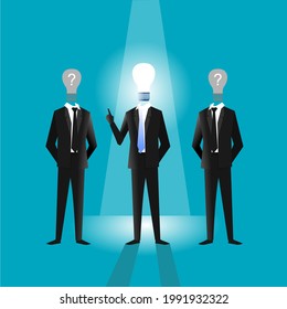 three business men with light bulb heads