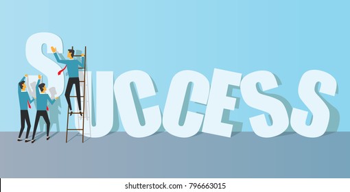 Three Business People Arrange The Alphabet To Be Read As A Word Of Success, With Each Other Helping, Taking Steps To Succeed Vector Illustrations.