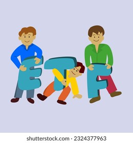 three business people cartoon, holding the letters "ETF". Concept cryptocurrency fund.