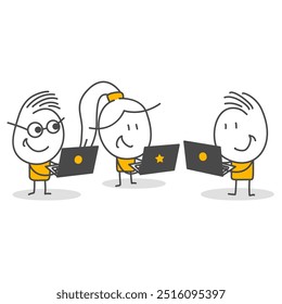 Three business people holding laptops, smiling and working together in office. People using computers are working.