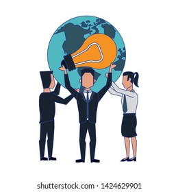 three business people man lifting a light bulb and a globe behind avatars cartoon characters vector illustration graphic design