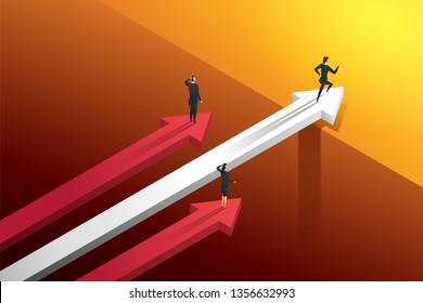 Three business people racing on the arrows but one persons running over bridge go to growth and success. illustration Vector