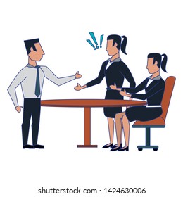 three business people sitting on a round table talking avatars cartoon characters vector illustration graphic design