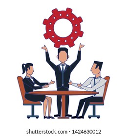 three business people sitting on a round table talking and a man lifting a gear avatars cartoon characters vector illustration graphic design