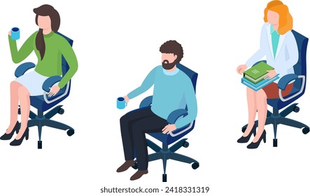 Three business people sitting on office chairs, two holding coffee mugs, one with books. Office break, corporate meeting, and teamwork vector illustration.