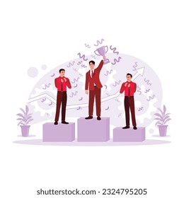 Three business people stand on the podium, and one businessman holds a trophy. Concept of success and achievement. Trend Modern vector flat illustration.
