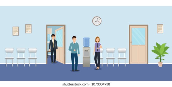 Three business people standing in office hall. Working situation with male and female staff. Office corridor with doors, cooler and plant.