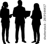 Three business people standing together holding documents silhouette style isolated on transparent background, Vector
